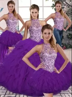 Attractive Purple Tulle Lace Up 15 Quinceanera Dress Sleeveless Floor Length Beading and Ruffles