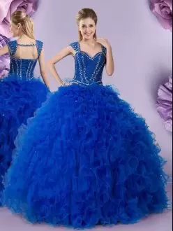 Royal Blue Lace Up Straps Beading and Ruffles Vestidos de Quinceanera Tulle Cap Sleeves