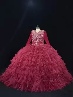 Spectacular Burgundy Ball Gowns Ruffled Layers Quince Ball Gowns Lace Up Organza Long Sleeves Floor Length