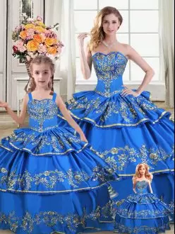 Floor Length Lace Up 15th Birthday Dress Royal Blue for Sweet 16 and Quinceanera with Embroidery and Ruffled Layers