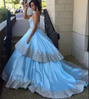 Admirable Ball Gowns Sleeveless Light Blue Ball Gown Prom Dress Brush Train