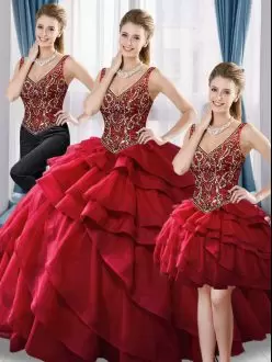 Lovely Wine Red Ball Gowns Beading and Ruffled Layers 15th Birthday Dress Lace Up Tulle Sleeveless Floor Length