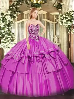 Stylish Lilac Ball Gowns Beading and Ruffled Layers Quince Ball Gowns Lace Up Organza and Taffeta Sleeveless Floor Length