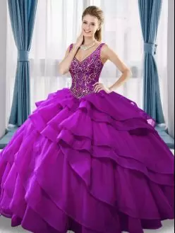 Sleeveless Beading and Ruffled Layers Lace Up Quinceanera Gowns with Purple Sweep Train
