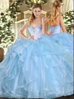 Elegant Blue Ball Gowns Beading and Ruffles Quinceanera Dress Lace Up Organza Sleeveless Floor Length