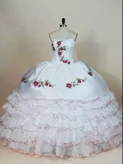 White and Red Mexican Floral Embroidery Quinceanera Dress Under 200