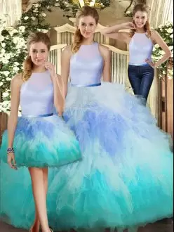 Unique Three Pieces 15th Birthday Dress Multi-color High-neck Tulle Sleeveless Floor Length Backless