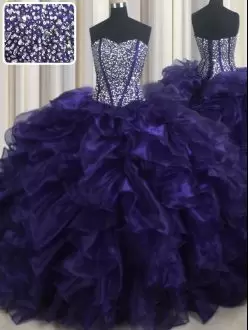 Cheap Purple Sleeveless Brush Train Beading and Ruffles With Train Ball Gown Prom Dress