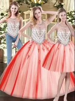 Classical Three Pieces Sweet 16 Dress Red Scoop Tulle Sleeveless Floor Length Zipper