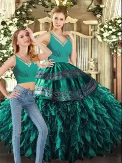 High End Organza V-neck Sleeveless Backless Appliques and Ruffles Sweet 16 Quinceanera Dress in Turquoise