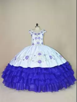 Floor Length Ball Gowns Cap Sleeves White And Purple Quinceanera Dress Lace Up