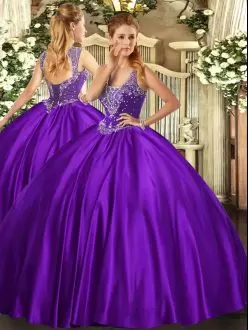 Ideal Purple Sleeveless Floor Length Beading Lace Up Ball Gown Prom Dress Straps