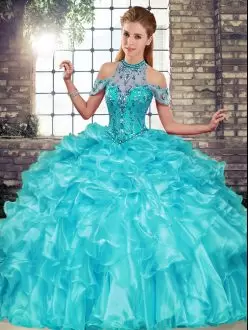 Floor Length Ball Gowns Sleeveless Aqua Blue Vestidos de Quinceanera Lace Up