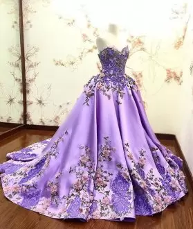 Shining Lavender Lace Up Sweetheart Appliques Quinceanera Dresses Satin Sleeveless Court Train
