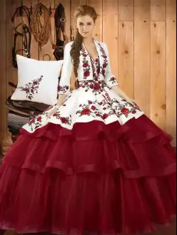 Wine Red Ball Gowns Organza Sweetheart Sleeveless Embroidery Lace Up Quinceanera Gown Sweep Train