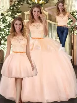 Peach Three Pieces Organza Scoop Sleeveless Lace Floor Length Zipper Quinceanera Dresses