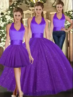 Elegant Halter Top Sleeveless Lace Up Quinceanera Gown Purple Sequined Ruching