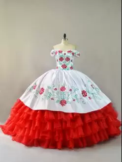 White And Red Sleeveless Embroidery and Ruffled Layers Lace Up 15th Birthday Dress Off The Shoulder