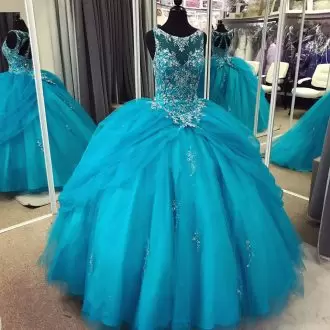 Turquoise Bateau Neck Appliques Tulle Quinceanera Dress for Sale