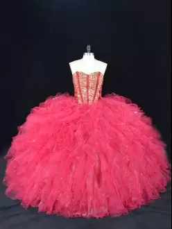 Best Sweetheart Sleeveless Lace Up Sweet 16 Dress Coral Red Tulle Beading and Ruffles