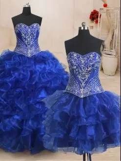 Luxury Royal Blue Sweetheart Lace Up Beading and Ruffles Quince Ball Gowns Brush Train Sleeveless