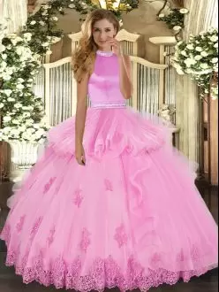 Superior Floor Length Rose Pink Ball Gown Prom Dress Tulle Sleeveless Beading and Ruffles