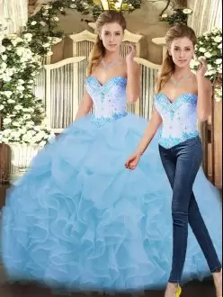 Enchanting Beading and Ruffles Quinceanera Gowns Blue Lace Up Sleeveless Floor Length