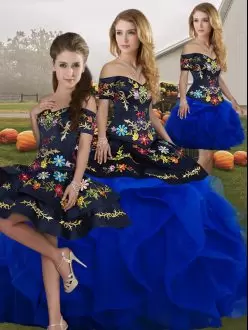 Navy and Royal Blue Off Shoulder Short Sleeves Quinceanera Dress with Floral Embroidery