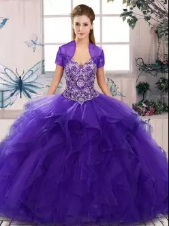 Purple Sweet 16 Quinceanera Dress Military Ball and Sweet 16 and Quinceanera with Beading and Ruffles Off The Shoulder Sleeveless Lace Up