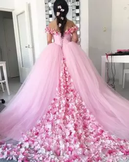 Dazzling Pink Off Shoulder Sweet 16 Dress Hand Made 3D Flowers