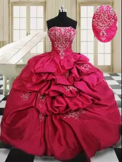 Cute Hot Pink Taffeta Lace Up Strapless Sleeveless Floor Length 15th Birthday Dress Beading and Embroidery and Pick Ups