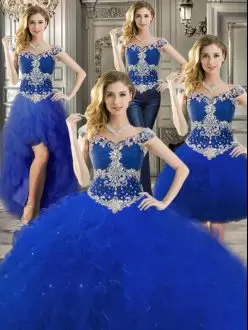 Royal Blue Tulle Zipper Off The Shoulder Sleeveless Floor Length Sweet 16 Quinceanera Dress Beading and Ruffles