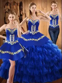 Sleeveless Tulle Floor Length Lace Up Sweet 16 Dresses in Blue with Embroidery and Ruffled Layers
