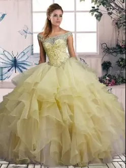 Dazzling Yellow Off The Shoulder Neckline Beading and Ruffles Ball Gown Prom Dress Sleeveless Lace Up