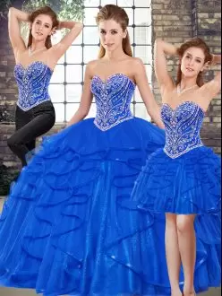 Floor Length Royal Blue Sweet 16 Dresses Tulle Sleeveless Beading and Ruffles