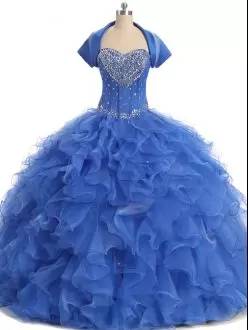 Blue Organza Lace Up Quince Ball Gowns Sleeveless Floor Length Beading and Ruffles