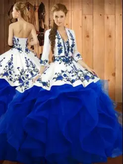 High End Blue Ball Gowns Satin and Organza Sweetheart Sleeveless Embroidery and Ruffles Floor Length Lace Up Quinceanera Gowns