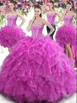 Elegant Sweetheart Sleeveless 15th Birthday Dress Floor Length Beading and Ruffles Fuchsia Tulle