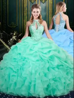 Pretty Floor Length Apple Green Ball Gown Prom Dress Organza Sleeveless Beading and Ruffles and Pick Ups