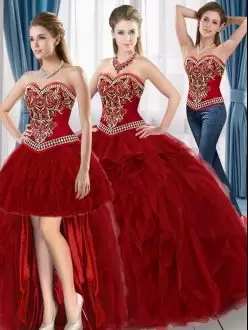 Smart Sleeveless Tulle Floor Length Lace Up Quinceanera Dress in Red with Beading and Ruffles