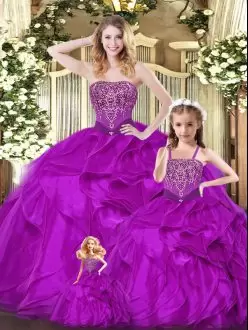 Best Sleeveless Floor Length Beading and Ruffles Lace Up Sweet 16 Dresses with Fuchsia