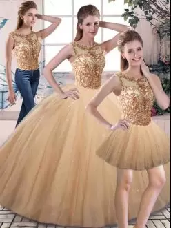 Low Price Floor Length Gold Quinceanera Dresses Scoop Sleeveless Lace Up
