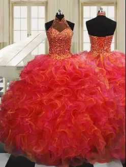Exceptional Multi-color Lace Up Halter Top Beading and Ruffles Quinceanera Gown Organza Sleeveless