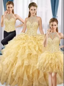 Custom Made Gold Ball Gowns Organza Halter Top Sleeveless Beading and Ruffles Floor Length Lace Up Sweet 16 Dresses