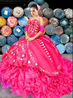 With Train Lace Up Sweet 16 Dresses Hot Pink for Military Ball and Sweet 16 and Quinceanera with Beading and Embroidery and Ruffles Brush Train