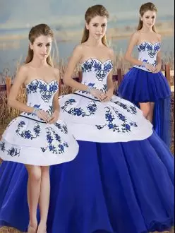White and Royal Blue Embroidery Four Pieces Quinceanera Dress