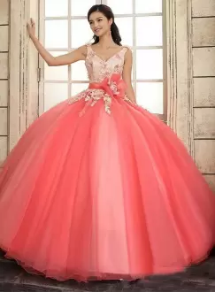 Cheap Coral Red  Pink Ball Gowns Appliques and Hand Made Flower Quinceanera Dress Tulle Sleeveless V Neck