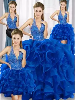 Royal Blue Ball Gowns Beading and Ruffles Quinceanera Gowns Lace Up Tulle Sleeveless Floor Length