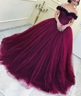 Off The Shoulder Sleeveless Sweep Train Lace Up Quinceanera Dresses Burgundy Tulle Hand Made Flower