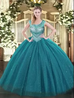 Scoop Sleeveless 15 Quinceanera Dress Floor Length Beading Teal Tulle and Sequined